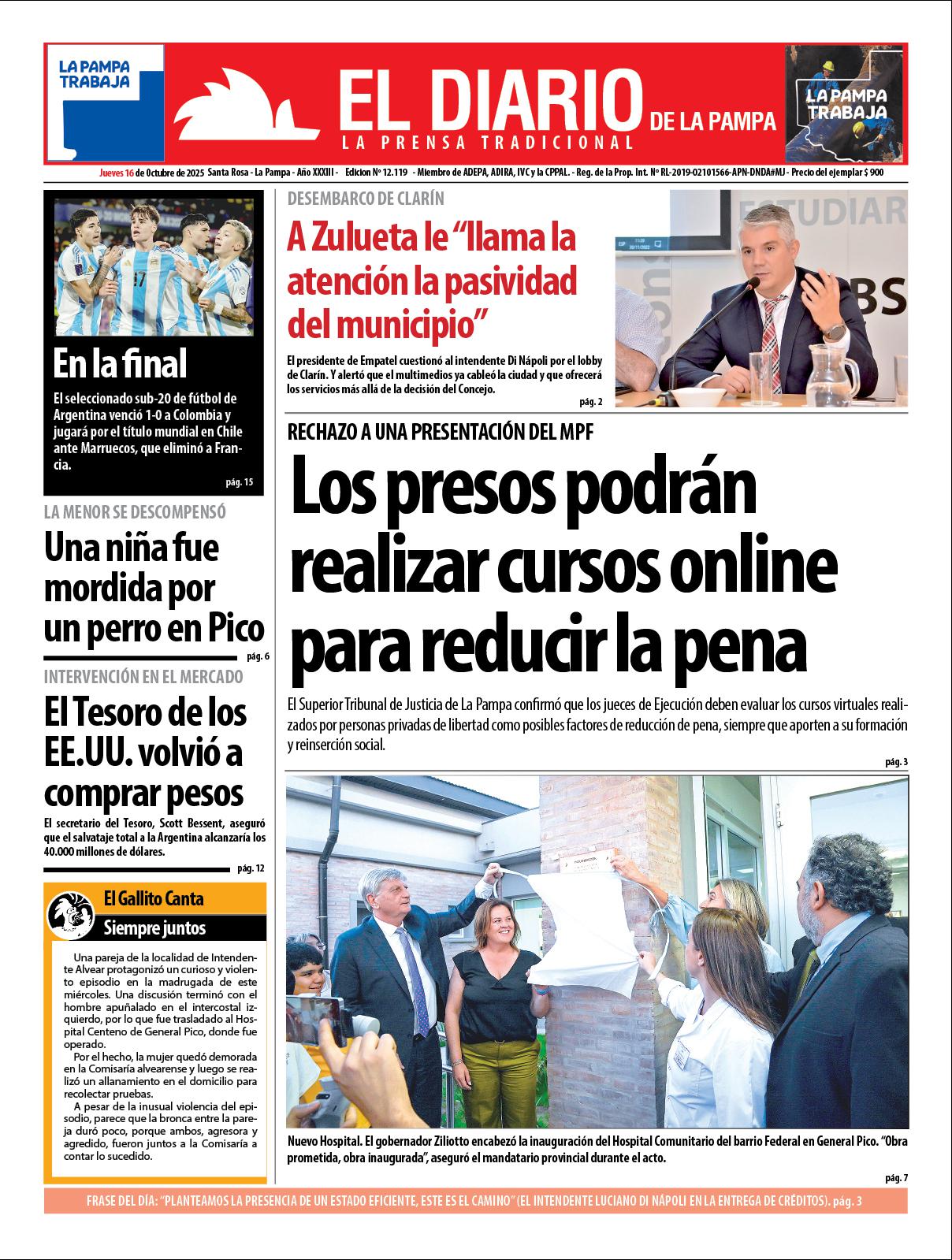 Tapa de El Diario en papel  jueves 16 de octubre de 2025